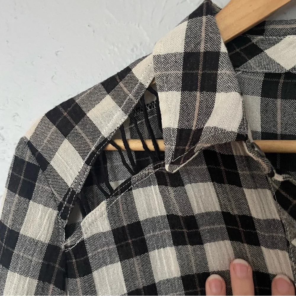 Free People Black White Checkered Gauzy Flannel Button up Top with Cutouts XS - Picture 3 of 6